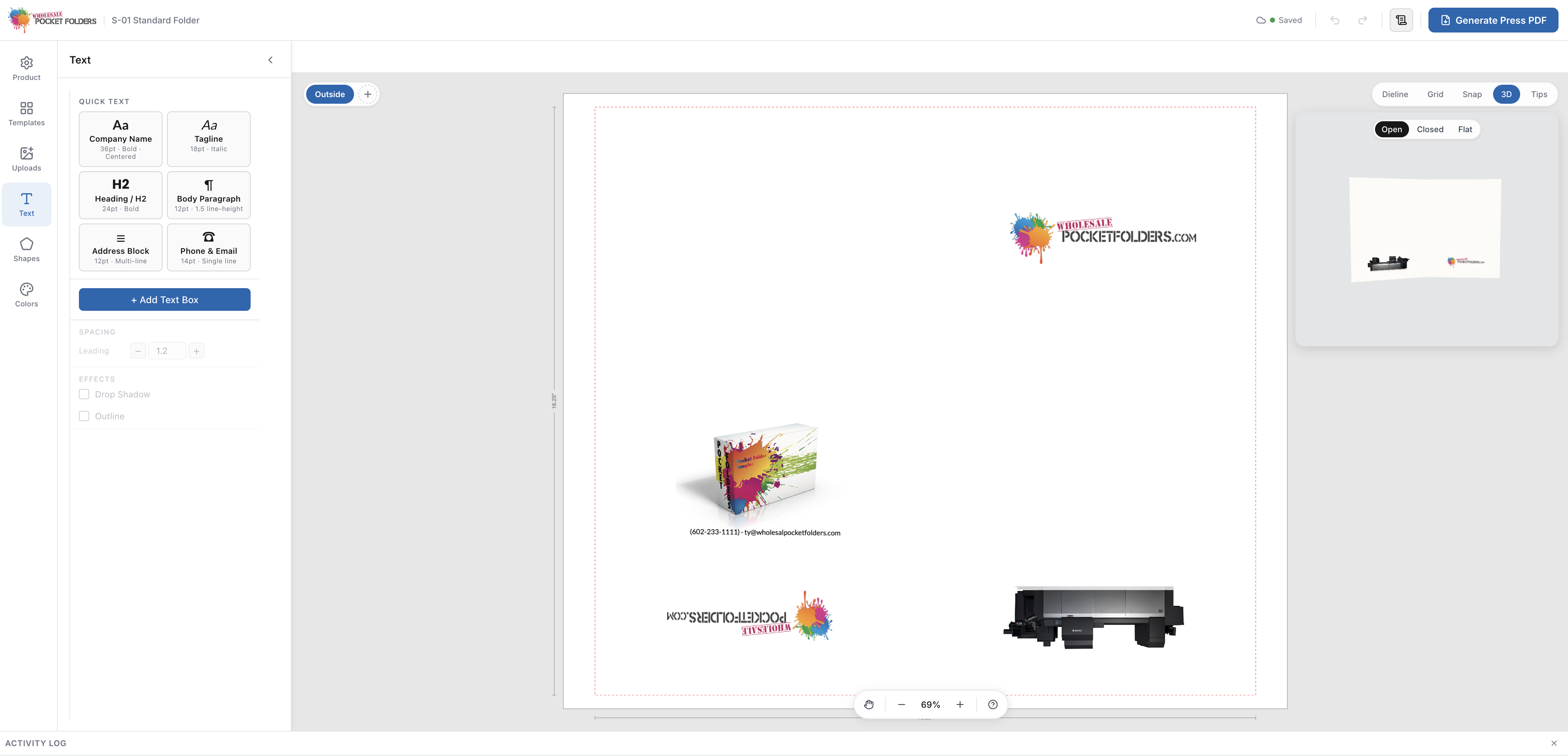 The free Wholesale Pocket Folders online designer with die line, templates, and 3D preview