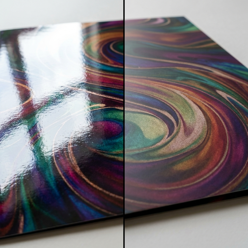 One printed folder cover split down the middle: glossy flood UV finish on the left, soft touch matte lamination on the right