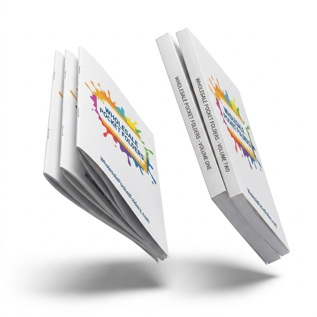 Saddle-stitched booklets with stapled spines beside perfect bound books with square spines, printed by Wholesale Pocket Folders