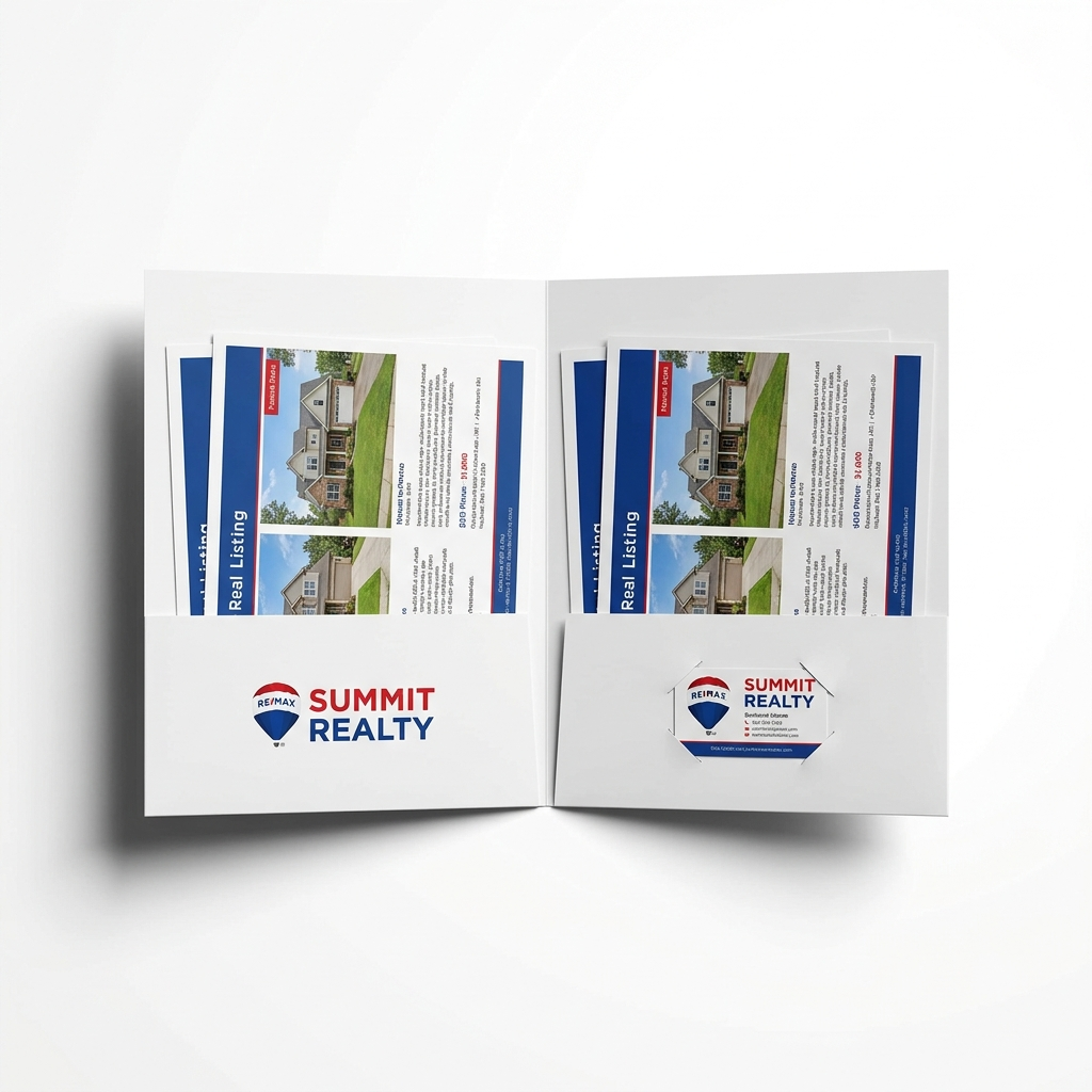 Open realty presentation folder with listing sheets and business card in slits