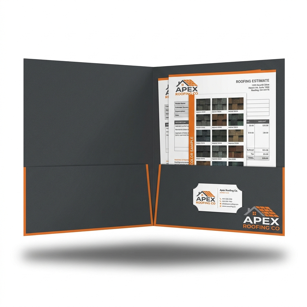 Custom printed roofing company pocket folder with estimate documents