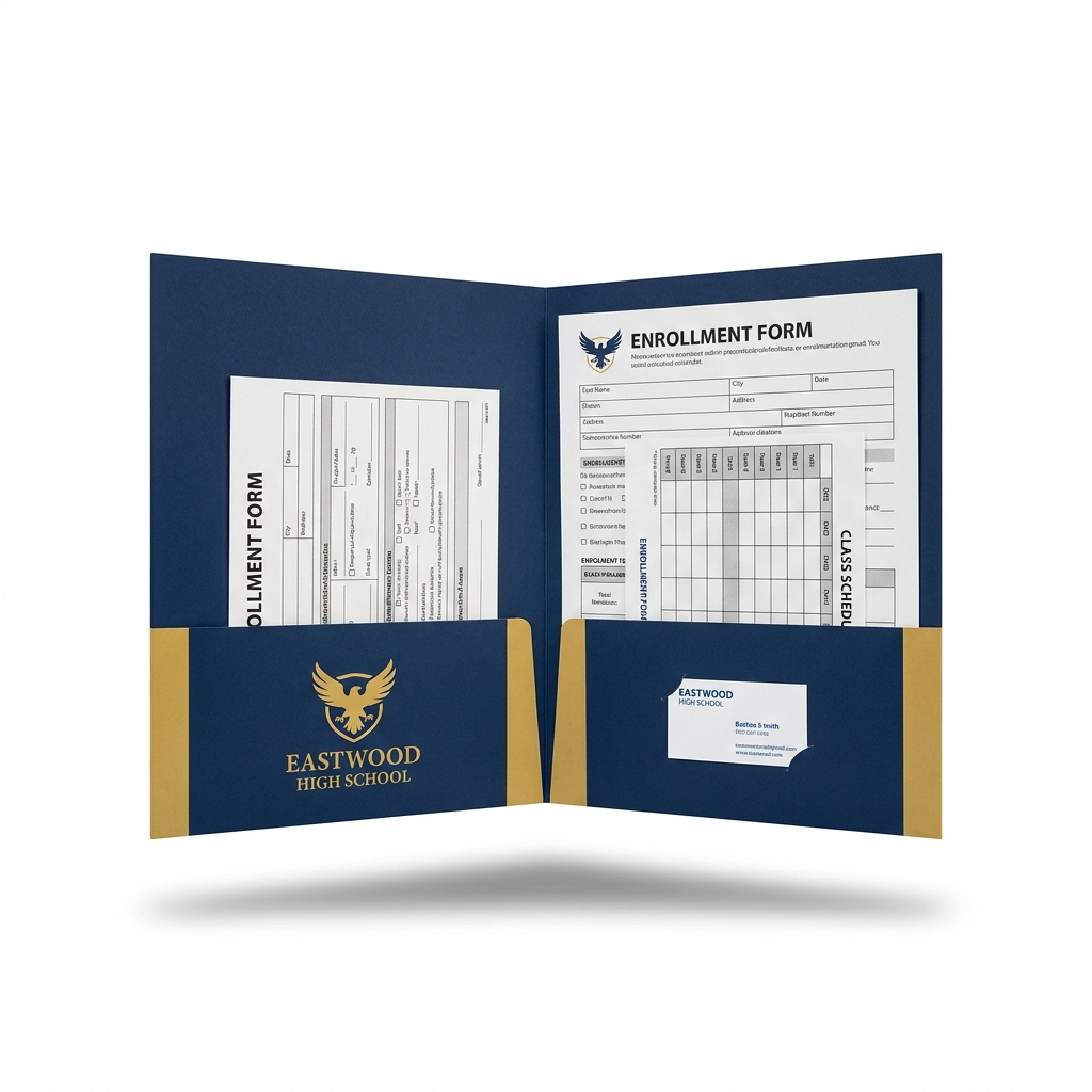 Open school enrollment pocket folder with forms in both bottom pockets