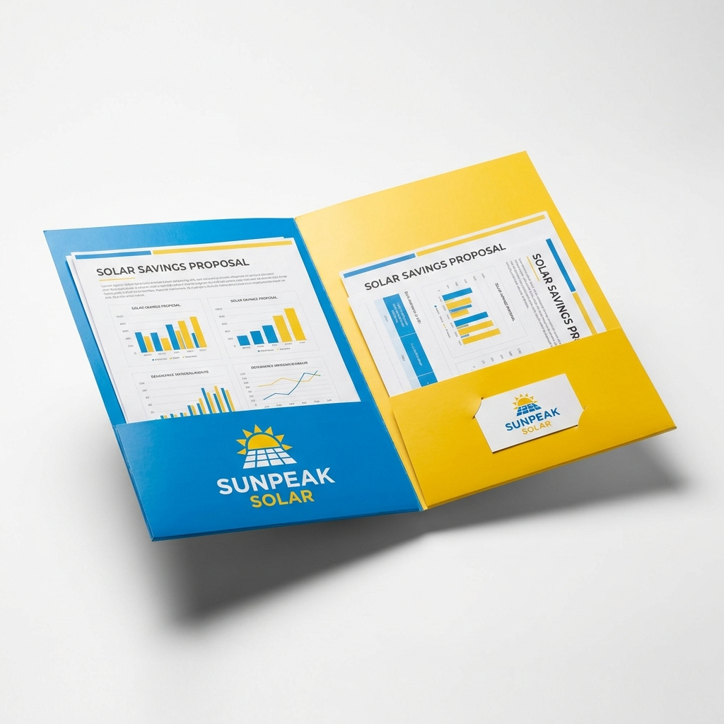 Open solar company pocket folder with proposal documents